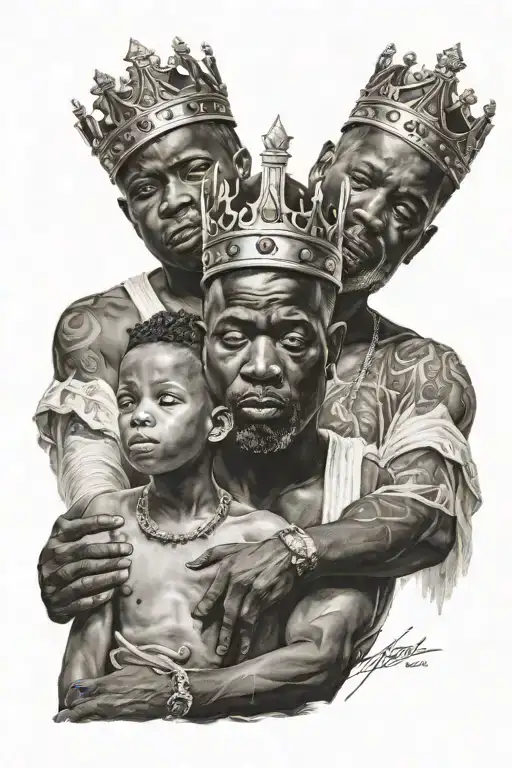  black father passing down his crown to his son to show royalty in their blood with words that say "the bloodline cont.. tattoo design idea