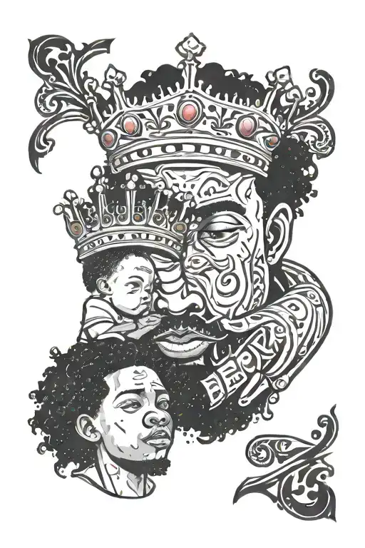 mixed raced  father passing down his crown to his son to show royalty in their blood with words that say  tattoo design idea