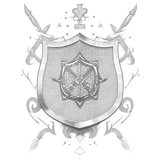 A shield adorned with symbols of good luck and family protection in blackwork style tattoo design idea