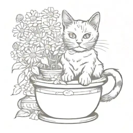 tuxedo cat in a flower pot of daisies tattoo design idea