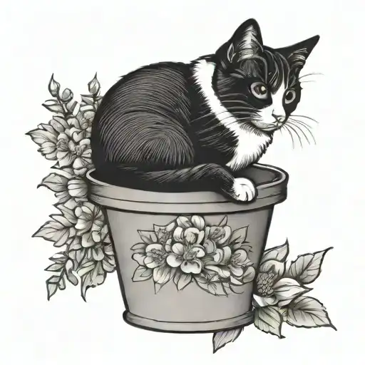 tuxedo cat in a flower pot of daisies tattoo design idea