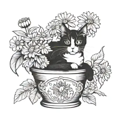 tuxedo cat in a flower pot of daisies tattoo design idea