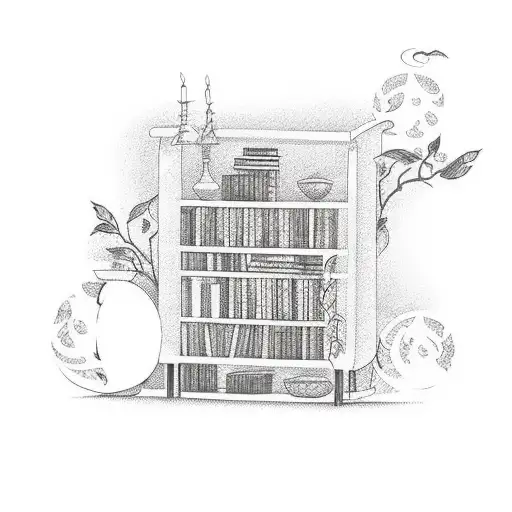 A bookshelf filled with culinary books and candles, with a hidden dancer silhouette in the background tattoo design idea