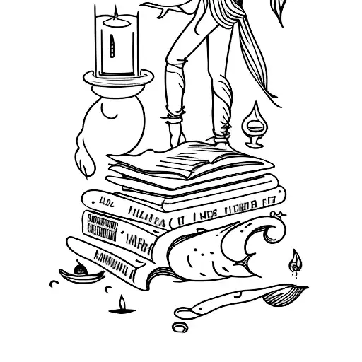A bookshelf filled with culinary books and candles, with a hidden dancer silhouette in the background tattoo design idea