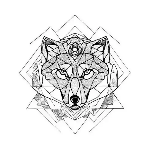 geometric wolf with a pink rose at it's feets tattoo design idea