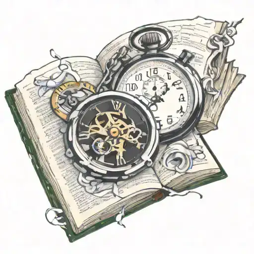 Stopwatch cracking open book surrounded tattoo design idea