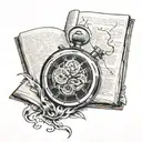 Stopwatch cracking open book surrounded tattoo design idea
