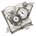 Stopwatch cracking open book surrounded tattoo design idea
