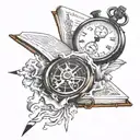 Stopwatch cracking open book surrounded tattoo design idea