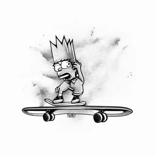 A black and grey tattoo of Bart Simpson skateboarding with a university logo in the background tattoo design idea