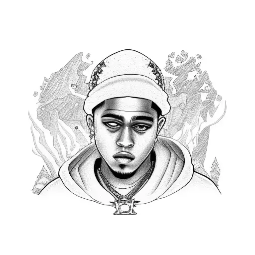 A portrait of XXXtentacion surrounded by animated characters from their favorite cartoons tattoo design idea