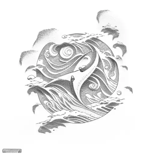 Harmony, inner peace, waves on the ocean, sandy beach, white doves, flying small bonsai trees on beach, blues, and golds tattoo design idea