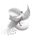 Harmony, inner peace, music, note, white doves, flying losing golds waves sand in a pendant style tattoo design idea