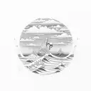 Harmony, inner peace, waves on the ocean, sandy beach, white doves, flying small bonsai trees on beach, blues, and golds tattoo design idea