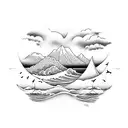 Harmony, inner peace, waves on the ocean, sandy beach, white doves, flying small bonsai trees on beach, blues, and golds tattoo design idea