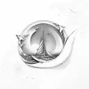 Harmony, inner peace, waves on the ocean, sandy beach, white doves, flying small bonsai trees on beach, blues, and golds tattoo design idea