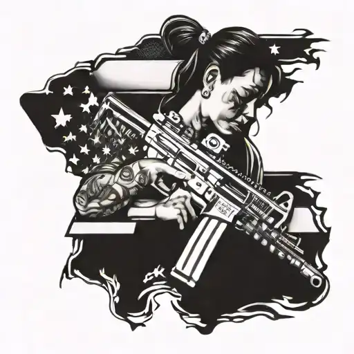 flag usa, ar15 rifle, girl, chicano style tattoo design idea