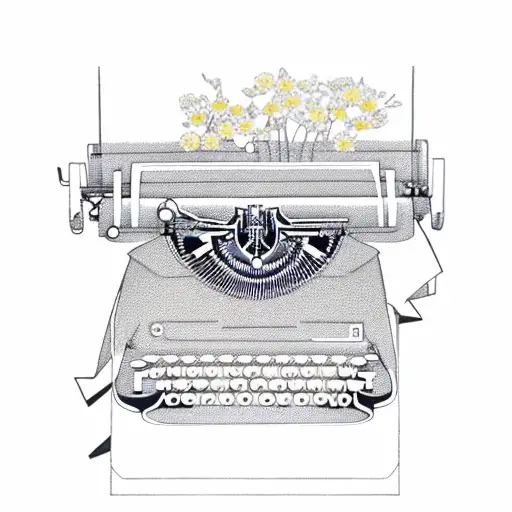 A vintage typewriter surrounded by blooming flowers, merging the beauty of nature and literature tattoo design idea