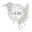 Tattoo that includes a half moon and the Roman numeral the year 2003 and the name Celine  tattoo design idea