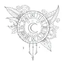 Tattoo that includes a half moon and the Roman numeral the year 2003 and the name Celine  tattoo design idea