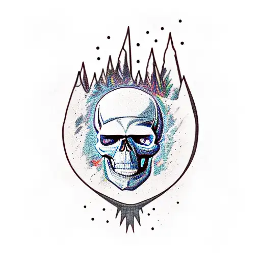 skull forest and mountains on fire tattoo design idea