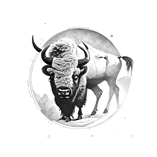 bison silhouette with a circle and Native American designs around it tattoo design idea