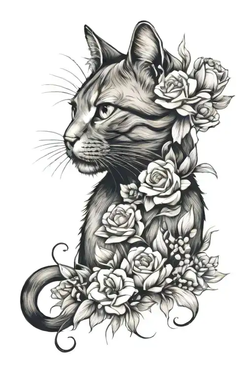cat and flowers tattoo design idea