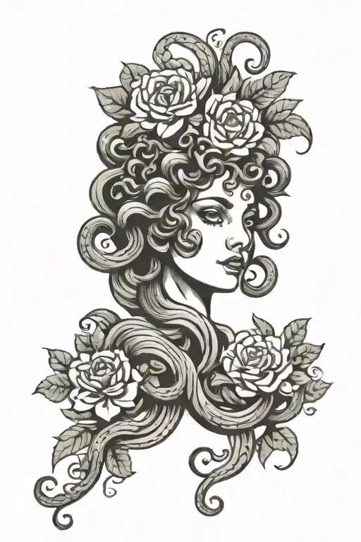 Medusa head and flowers tattoo design idea