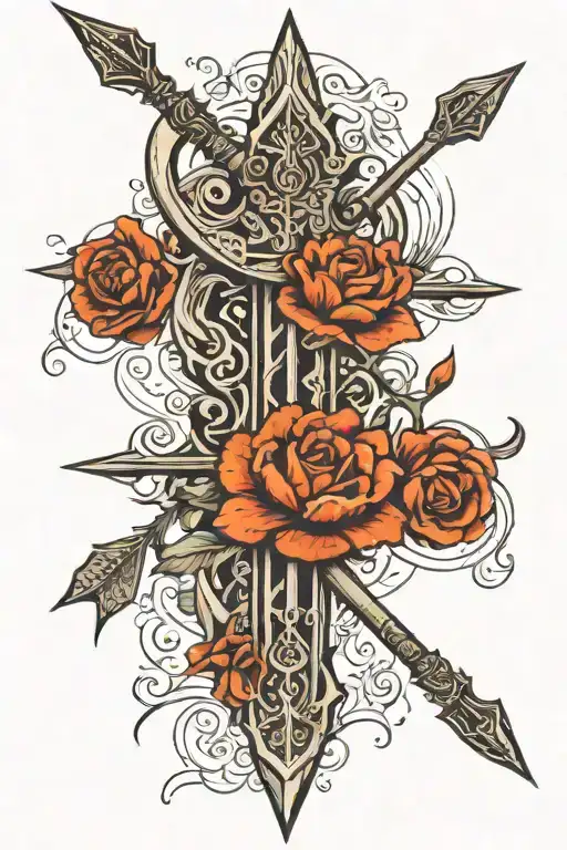 weapon made up of trident , bow and arrow , gadha, Sudarshan Chakra, flute tattoo design idea