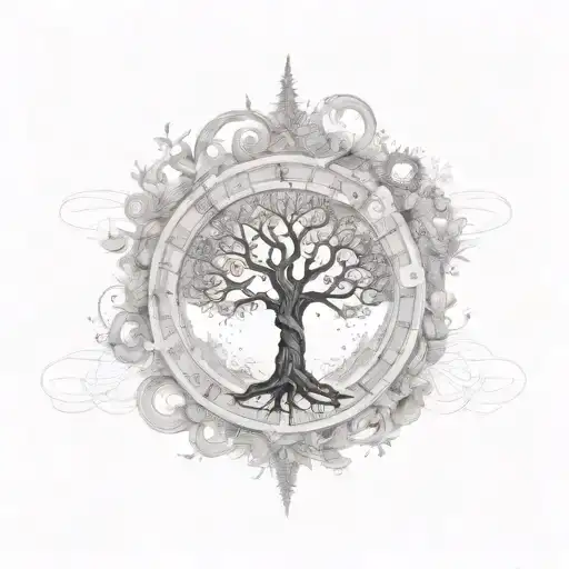 A steam punk-inspired tree of life with musical notes flowing through the branches tattoo design idea