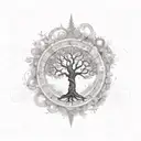 A steam punk-inspired tree of life with musical notes flowing through the branches tattoo design idea