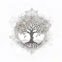 A steam punk-inspired tree of life with musical notes flowing through the branches tattoo design idea