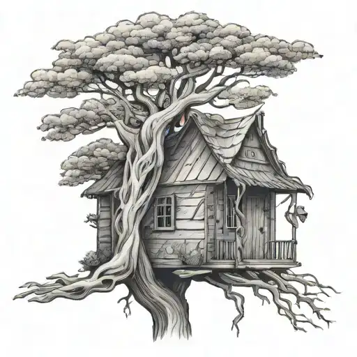 sphin bird  life of tree small house viking  tattoo design idea