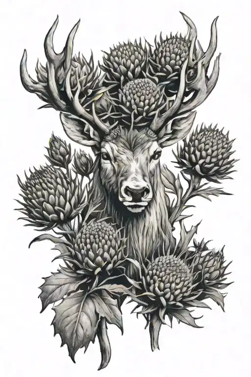 thistles and stags head with thistle tattoo design idea