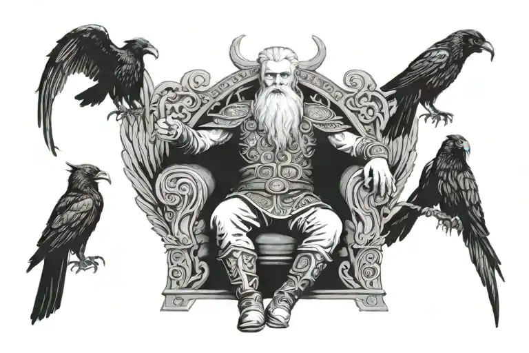 Odin sitting in a throne with his two ravens Huginn and Muninn tattoo design idea