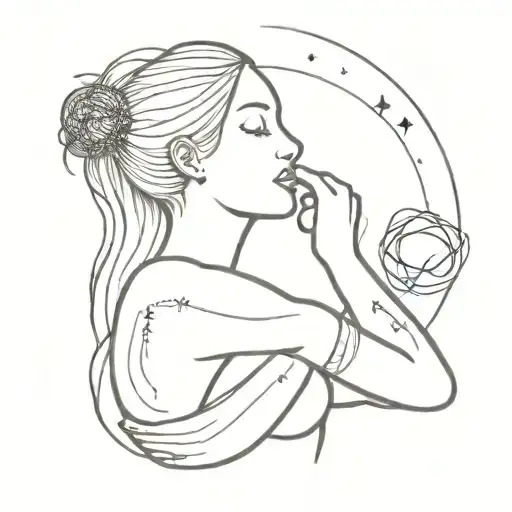 upper half female body hug herself, inner child, universe head tattoo design idea