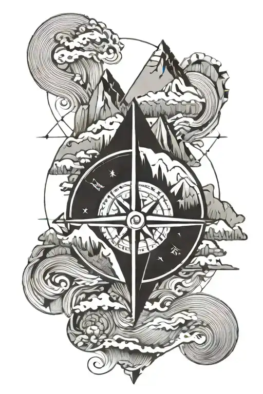 mountain, compass, wave tattoo design idea