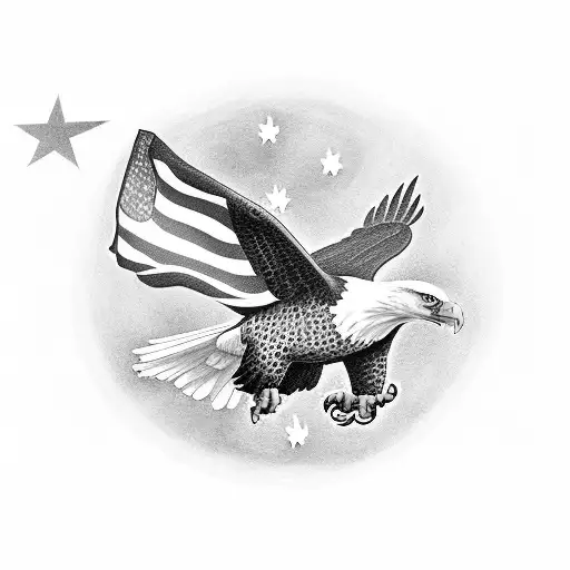 bald eagle infront of american flag holding hotdog and beer  tattoo design idea