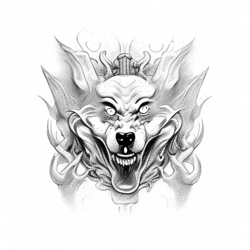 cerberus, realistic, dark art, hades on throne, tartaro, 3 headed angry dog, tattoo,  tattoo design idea