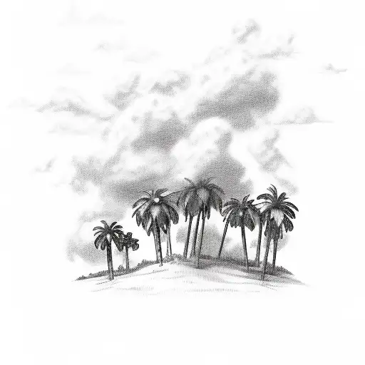 soft clouds that fill out theA-frame with a palm tree on the right side and room for text tattoo design idea