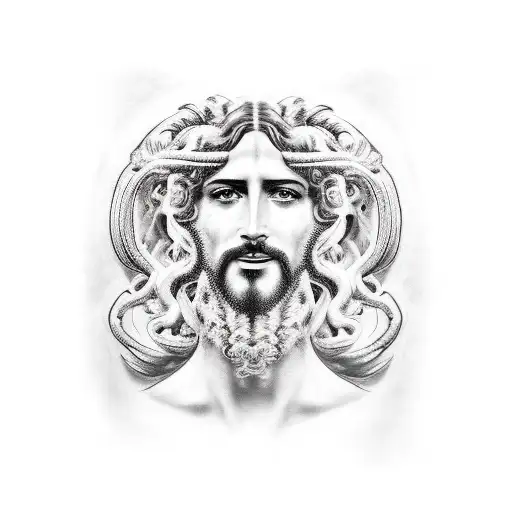 face: left half Jesus and right half Dionysus tattoo design idea