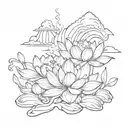 lotus flowers blooming from a volcano with smoke rings tattoo design idea