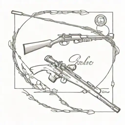 hunting rifle intertwined with fishing and golf club tattoo design idea