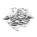 Ocean waves and water motifs cascading around the ship, blending into various shades of blue and teal, providing movemen tattoo design idea