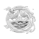 Ocean waves and water motifs cascading around the ship, blending into various shades of blue and teal, providing movemen tattoo design idea