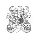 Ocean waves and water motifs cascading around the ship, blending into various shades of blue and teal, providing movemen tattoo design idea