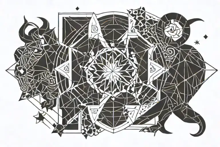 geometric design with star zodiac signs leo and taurus and number 224 tattoo design idea