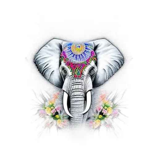 elephant head, mandala, and surrounding flowers tattoo tattoo design idea