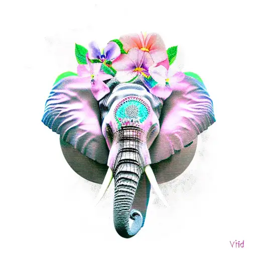 elephant head with trunk holding african violets tattoo design idea