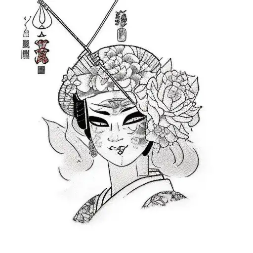 Draw a right side chest tattoo of a beautiful geisha with a detailed kimono holding an umbrella and include a hanya mask tattoo design idea
